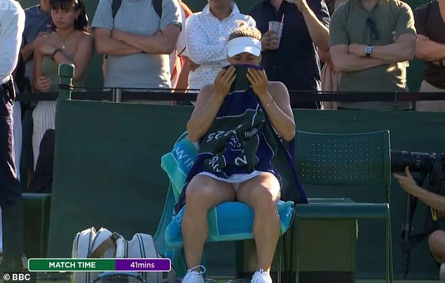 The 30-year-old buried her face in a towel during a 6-0, 6-0 defeat by Amanda Anisimova