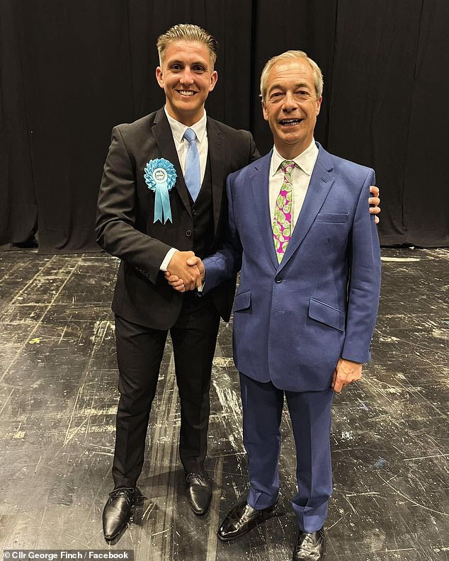 George Finch, the 18-year-old new leader of the authority, ordered the emblem to be taken down in line with Reform's policy of only flying British flags. Pictured: With Nigel Farage