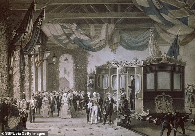 A depiction of Queen Victoria and Prince Albert arriving at Gosport Station. She would make frequent stops to eat and relieve herself, believing doing so on board was bad for the digestion