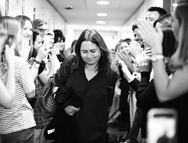Alexandra leaving Vogue House in London, clapped out by the whole staff, on her last day after 25 years at the helm