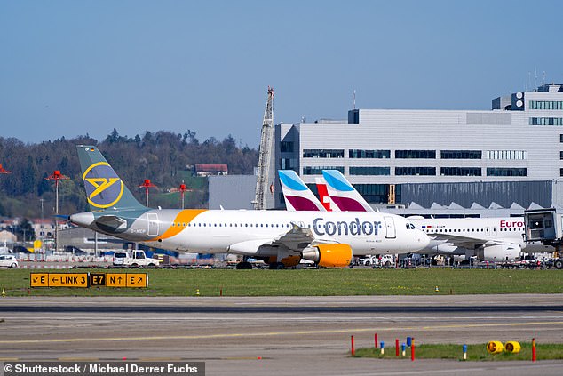 The Condor flight DE1234 embarked on what was meant to be a routine flight from Zurich, Switzerland, to Heraklion, Crete, on May 24 before the chaos unfolded. Pictured: Condor passenger airplane Airbus A320-200 at Swiss Airport Zürich Kloten, April 3, 2025