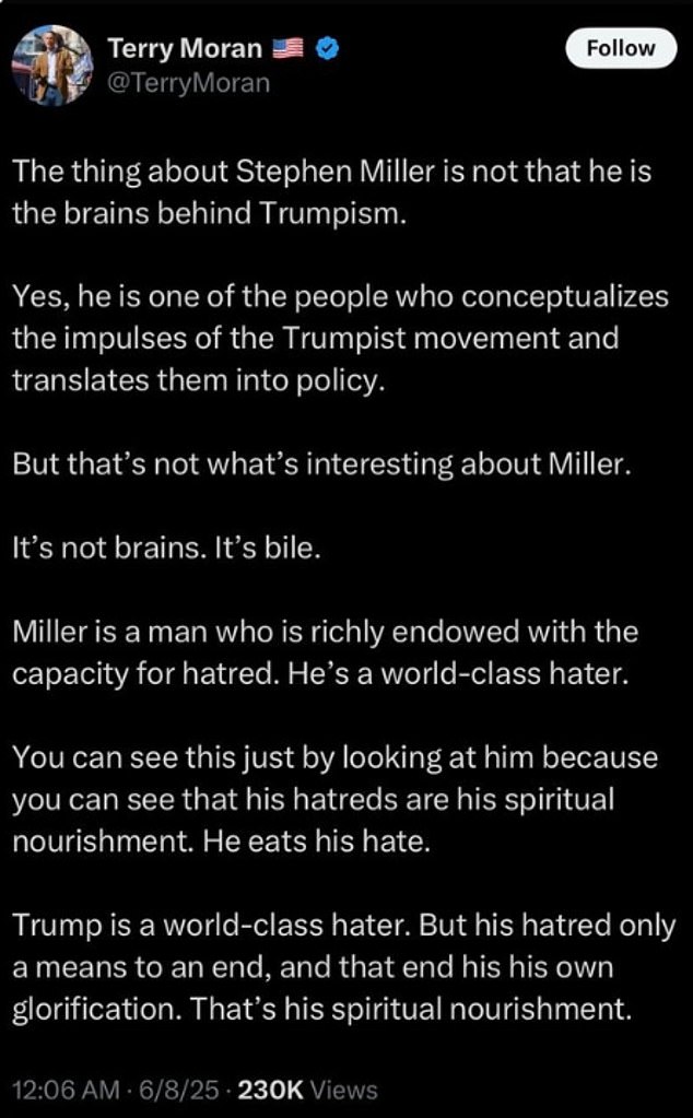 In a now deleted post to his X account, the ABC News correspondent said that Miller was the 'bile' behind the Trumpist movement