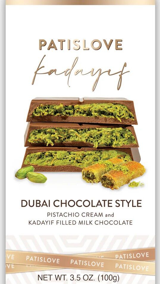 Dubai-style chocolate bar with pistachio cream and kadayif filling.