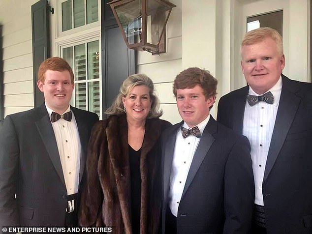 Alex Murdaugh's (far right) is behind bars for murdering wife Maggie and son Paul (together middle)