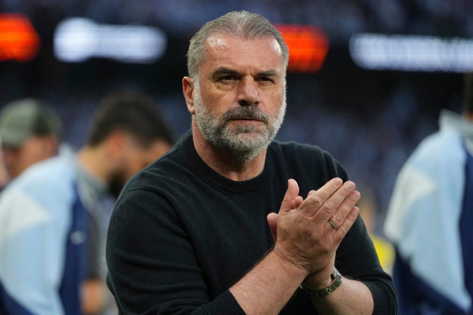 FILE - Tottenham's head coach Ange Postecoglou applauds during the Europa League semifinal first leg soccer match between Tottenham Hotspur and Bodo/Glimt at the White Hart Lane stadium in London, Thursday, May 1, 2025. (AP Photo/Kirsty Wigglesworth, File)