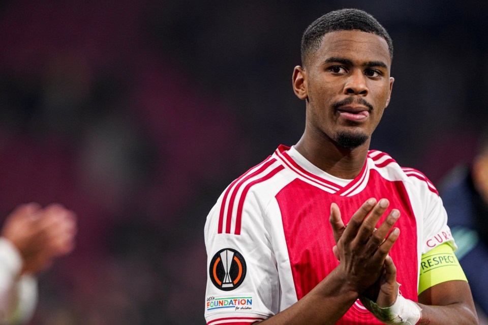 AMSTERDAM, NETHERLANDS - DECEMBER 14: Jorrel Hato of Ajax thanks the fans during the UEFA Europa League 2023/24 Group B match between Ajax and AEK Athens at Johan Cruijff ArenA on December 14, 2023 in Amsterdam, Netherlands. (Photo by Andre Weening/BSR Agency/Getty Images)