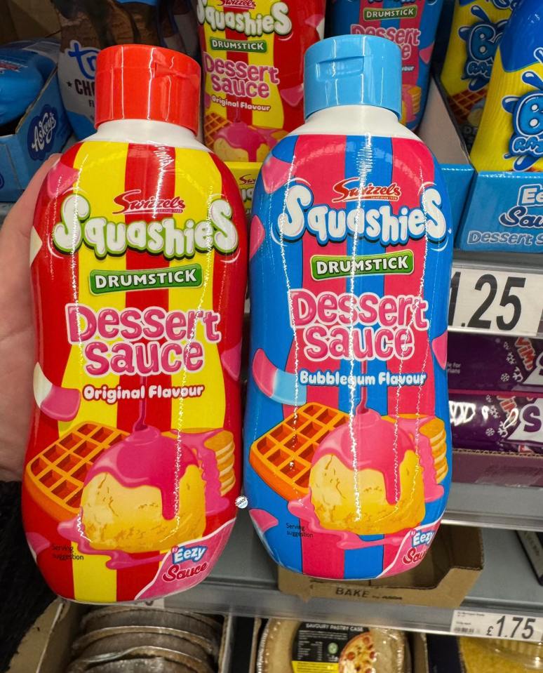 Two bottles of Swizzels Squashies Drumstick Dessert Sauce, one in original and one in bubblegum flavor.