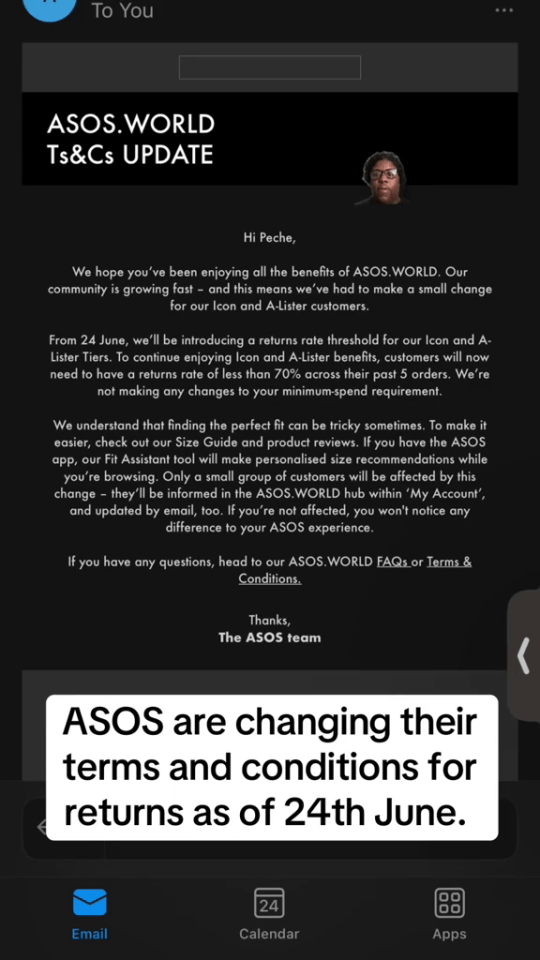 ASOS announcement: changes to return policy for Icon and A-Lister members starting June 24th.