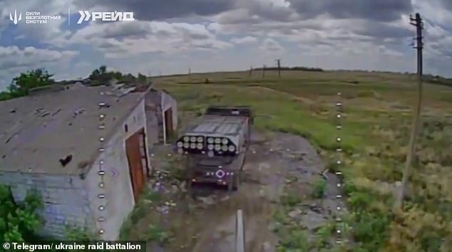 The drone can be seen approaching the MLRS, which has a range of up to 60 kilometres