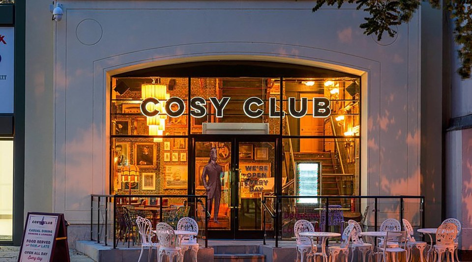 Cosy Club restaurant in Ipswich at night.
