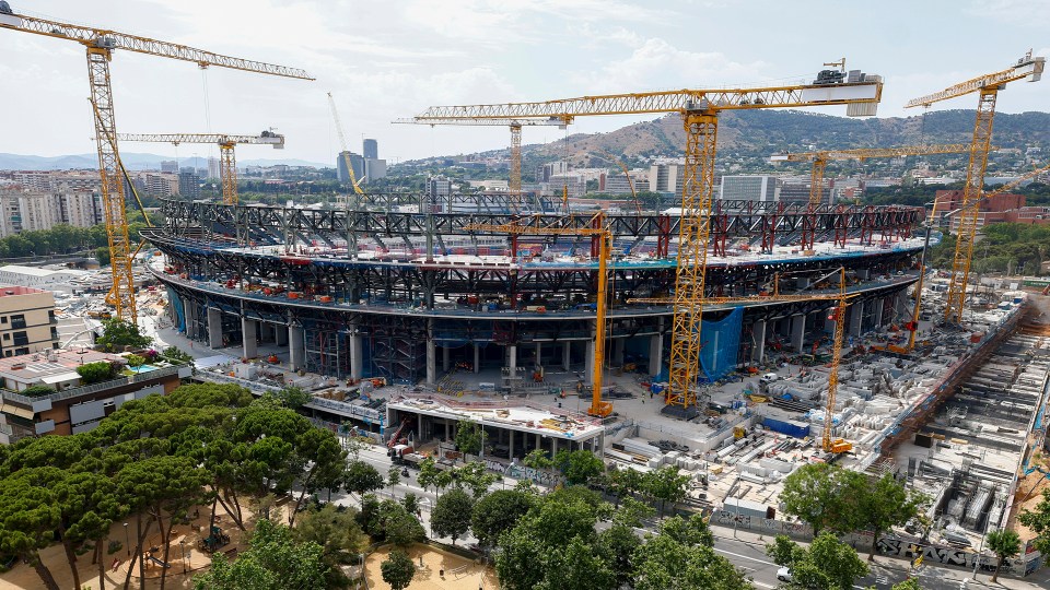 Aerial view of Camp Nou stadium under construction.