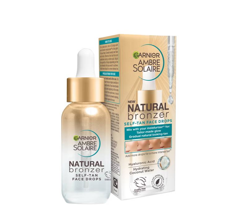 Garnier Ambre Solaire Natural Bronzer Self-Tan Face Drops bottle and box.