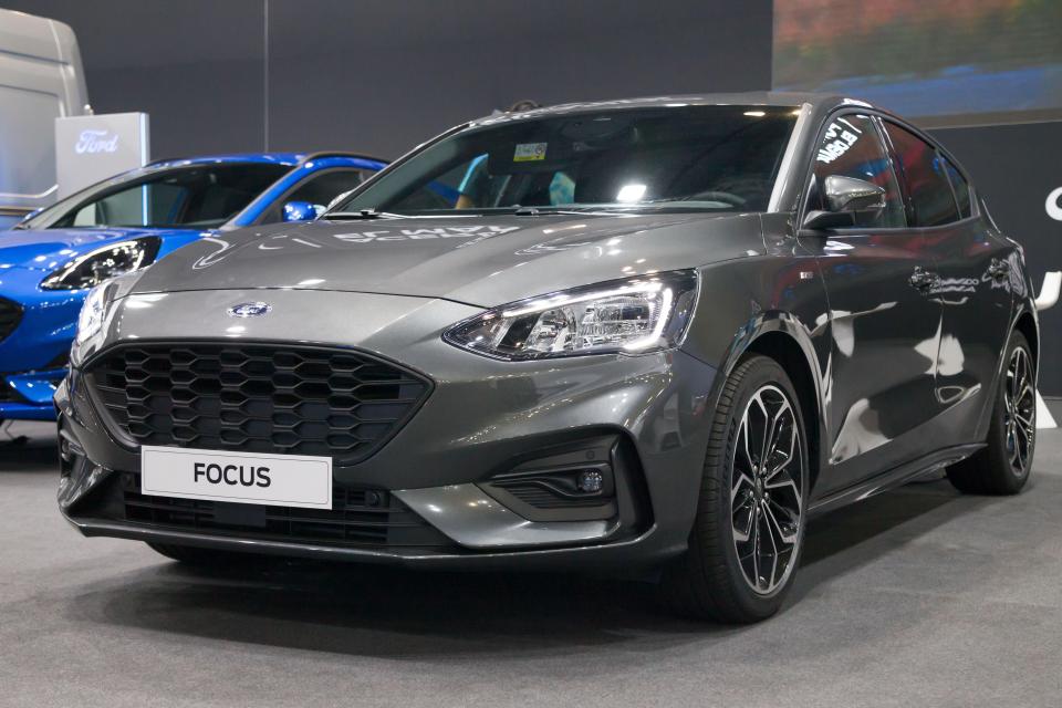 Gray Ford Focus ST-Line Ecoboost Hybrid hatchback.