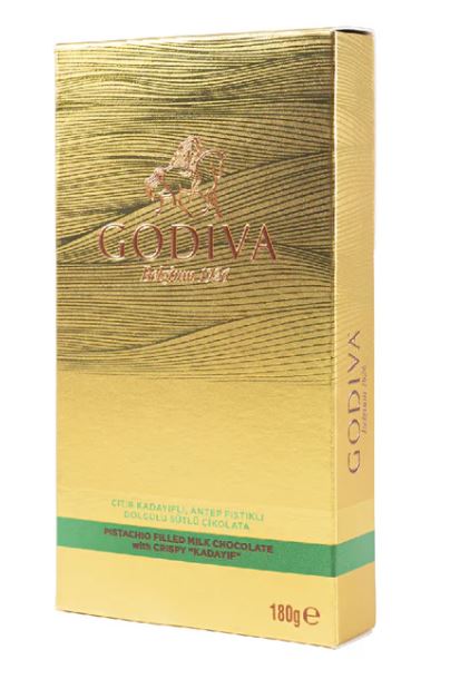 GODIVA Pistachio Filled Milk Chocolate with Crispy "Kadayif" tablet.