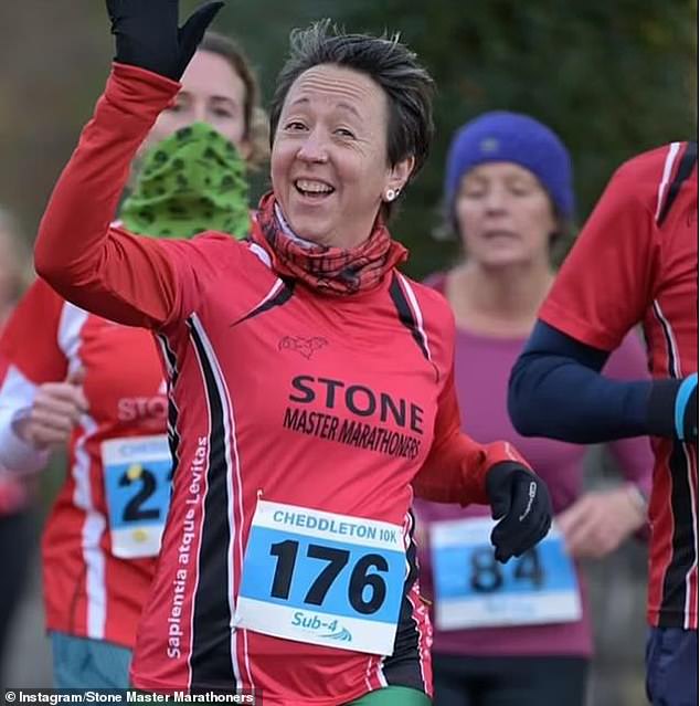 Sara Morris in her Stone Master Marathoners shirt running the Cheddleton 10k