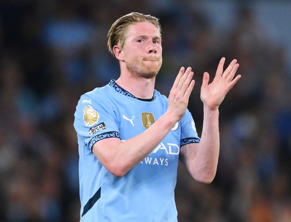 Kevin De Bruyne applauding fans at his last home match for Manchester City.