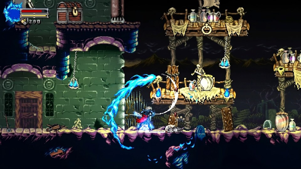 Screenshot of a video game showing a character using a blue magic attack.