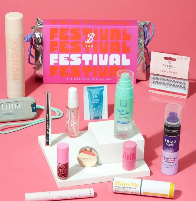 Festival-themed beauty product bag contents.