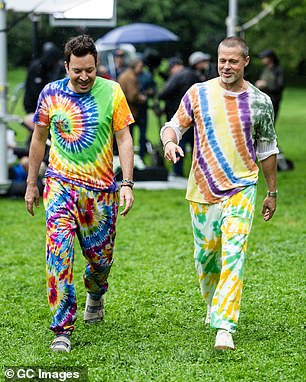 Pitt and Fallon filmed the segment despite the rainy weather on Saturday