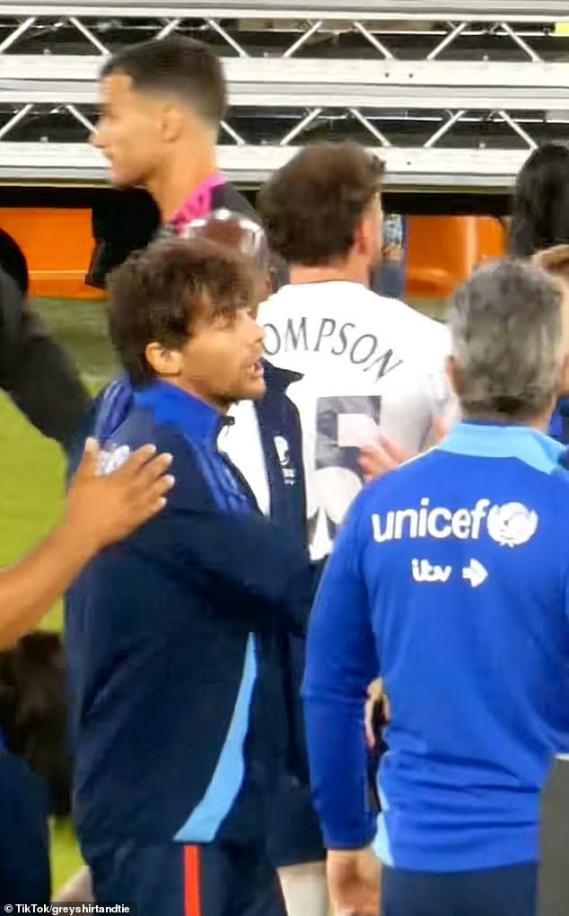 Louis Tomlinson has been caught on camera brutally snubbing love rival Sam Thompson after the full-time whistle blew at Soccer Aid