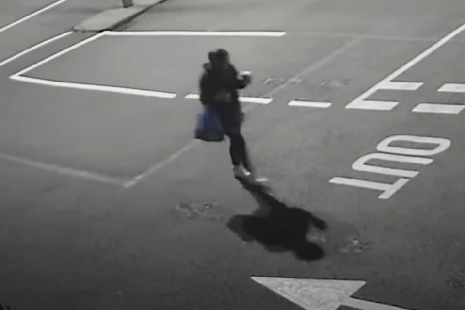 An image collage containing 1 images, Image 1 shows Security camera image of a person walking in a parking lot