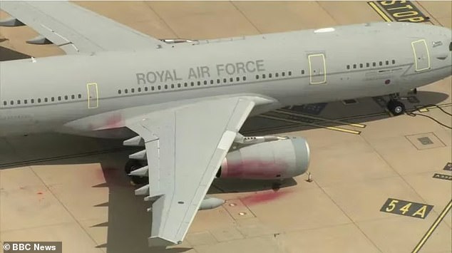 This is one of the RAF Voyager aircraft that was damaged. Red paint can be seen across the engine and runway