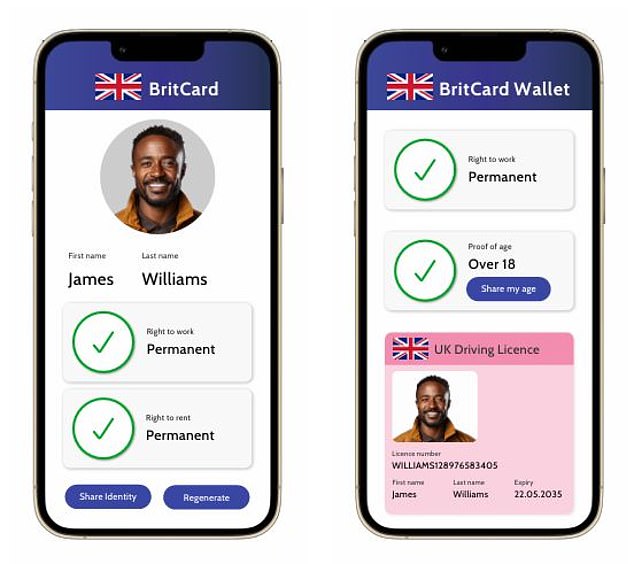 Downing Street is looking to bring in an identity card app, known as BritCard, pictured, in a bid to clamp down on illegal immigration