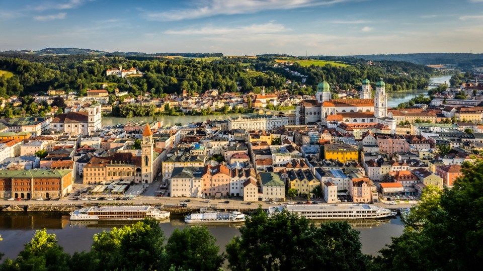 High-angle view of a town by a river.