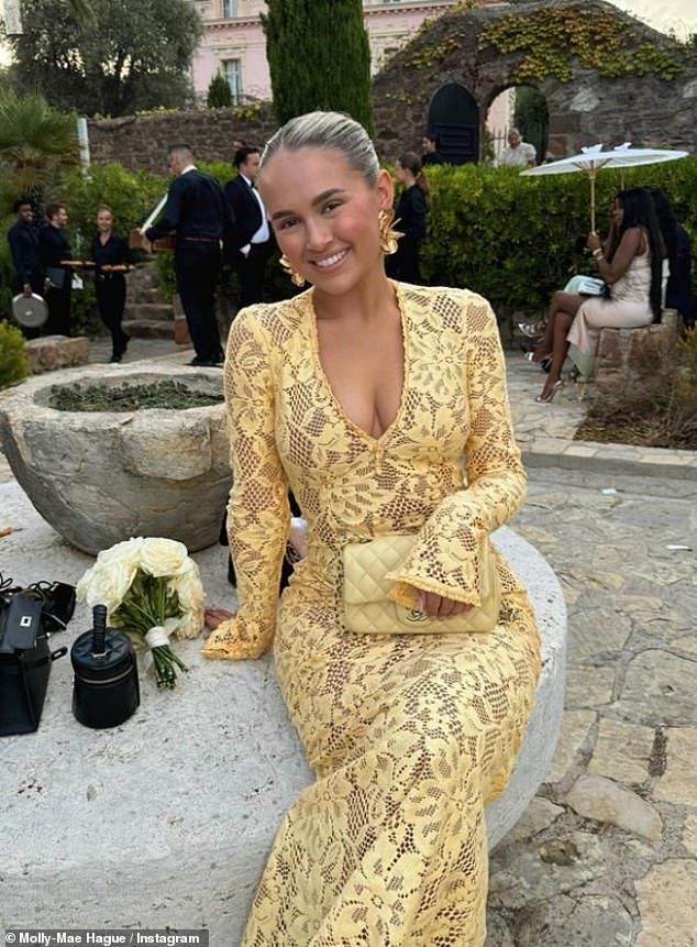 Yellow lace dresses are especially on trend right now , as former Love Island star Molly-Mae Hague recently wore a similar style by House of CB to a wedding in Cannes , promptly sending the product flying off the shelves