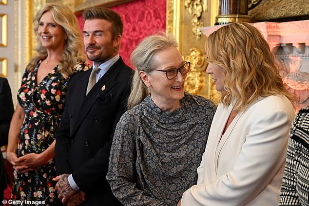 British royalty met showbiz royalty on Thursday as the King rubbed shoulders with celebrities like Meryl Streep and David Beckham at the King's Foundation Awards ceremony. Pictured, Penny Lancaster, David Beckham, Meryl Streep and Kate Winslet