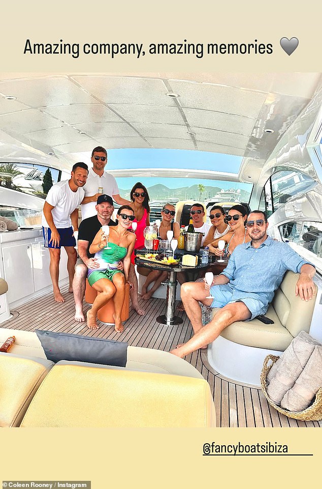 Coleen and Wayne Rooney looked smitten as they joined former footballer John O'Shea (far right) on a sun-soaked boat trip in Ibiza on Wednesday