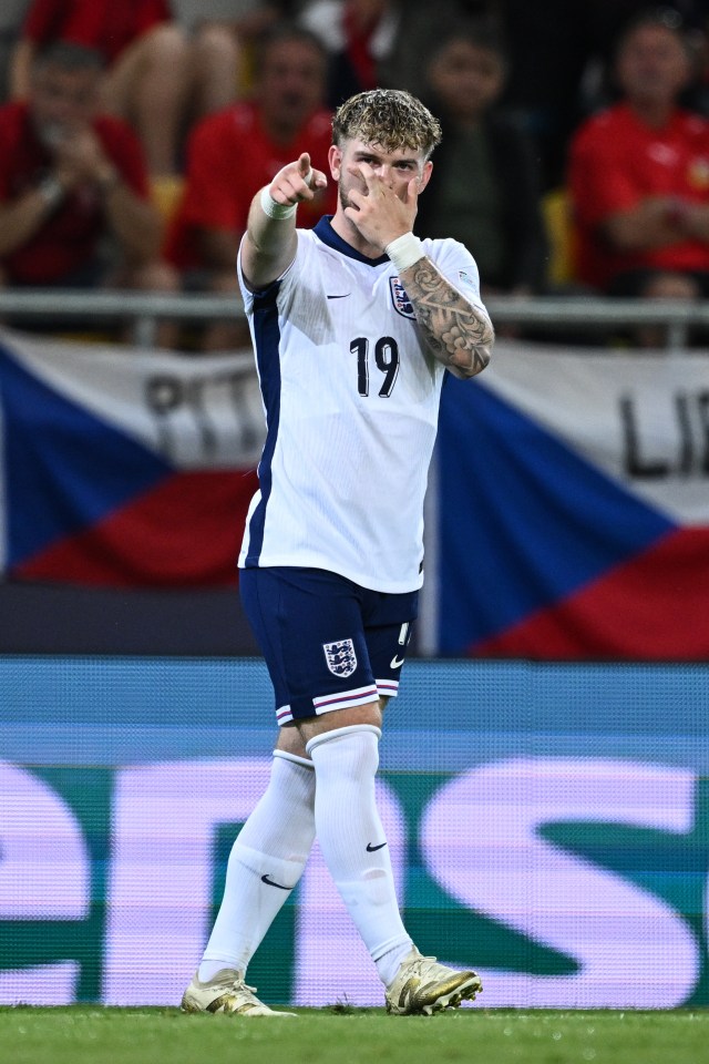Harvey Elliott of England celebrates a goal.
