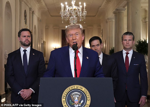 Last night, Donald Trump deployed his 30,000lb bunker bombs to take out Tehran¿s nuclear enrichment facilities. He is pictured announcing the strike at the White House