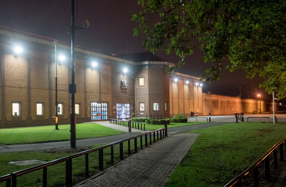 Nighttime view of HMP Belmarsh prison.