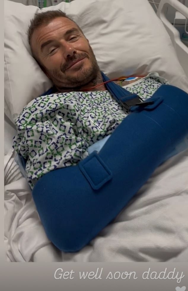 David Beckham is in hospital with a mystery injury as wife Victoria shared a picture of star with arm in sling on Instagram on Friday
