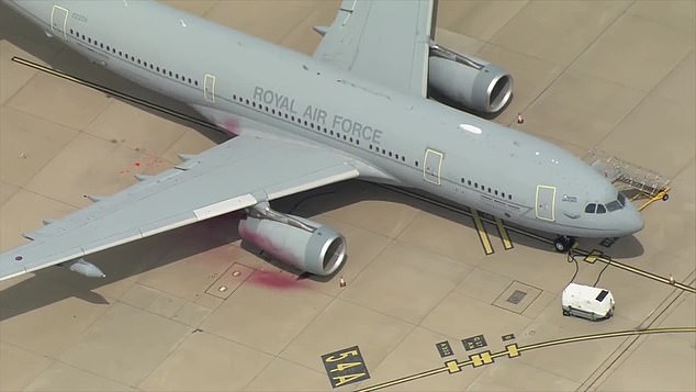 This is one of the RAF Voyager aircraft that was damaged. Red paint can be seen across the engine and runway