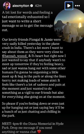 Instagram post announcing a memorial gathering for friends who died in a plane crash.
