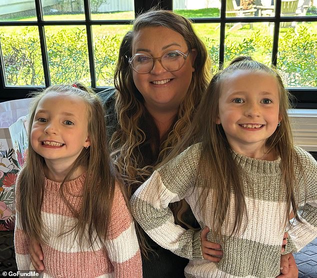 Six-year-old twin girls, Emily and Kenni Bisson (left and right), were killed when a tree fell onto their home and trapped their mother, Kayleigh Bisson (center