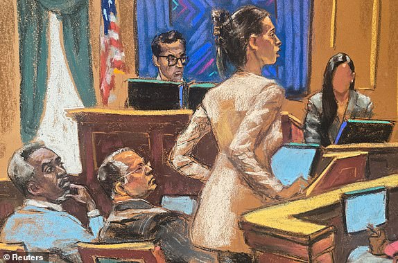 Sean "Diddy" Combs watches with his lawyer Marc Agnifilo as defense attorney Teny Geragos cross examines questions a witness testifying under the pseudonym Jane to protect her privacy, before U.S. District Judge Arun Subramanian during Combs' sex trafficking trial in New York City, New York, U.S., June 10, 2025 in this courtroom sketch. REUTERS/Jane Rosenberg