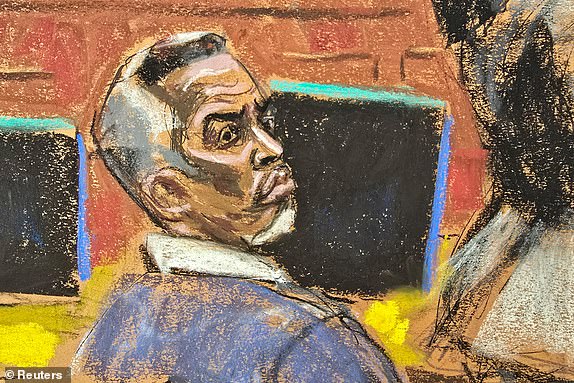 Sean "Diddy" Combs watches during cross examination of Cassie Ventura's friend Bryana Bongolan during Combs' sex trafficking trial in New York City, New York, U.S., June 4, 2025 in this courtroom sketch. REUTERS/Jane Rosenberg