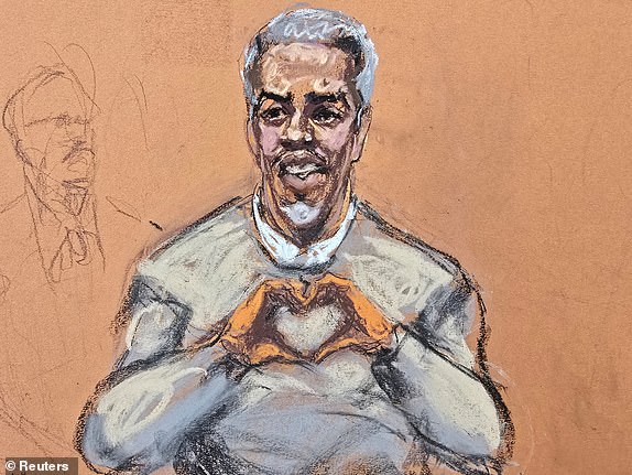 Sean "Diddy" Combs at Combs makes a hand gesture to family members arriving at his sex trafficking trial in New York City, New York, U.S., May 13, 2025 in this courtroom sketch. REUTERS/Jane Rosenberg