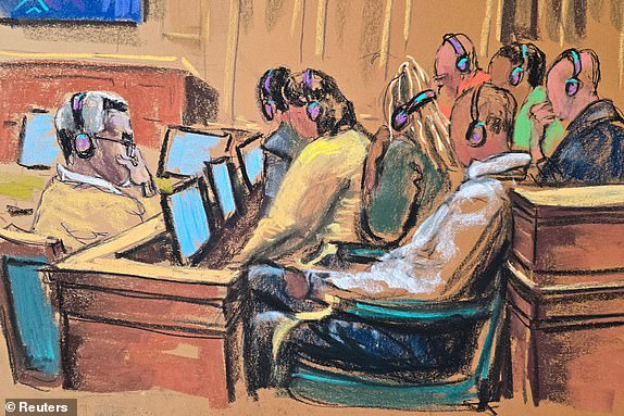 Sean "Diddy" Combs watches sex tapes are shown to the jury during Combs' sex trafficking trial in New York City, New York, U.S., June 17, 2025 in this courtroom sketch. REUTERS/Jane Rosenberg