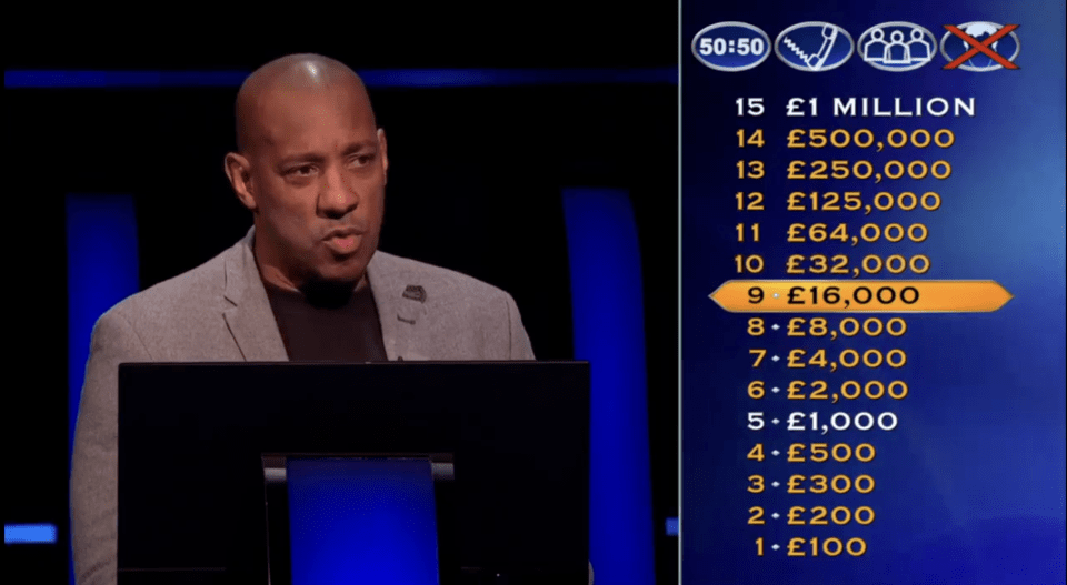 Dion Dublin on the Millionaire show, with the £16,000 prize highlighted.