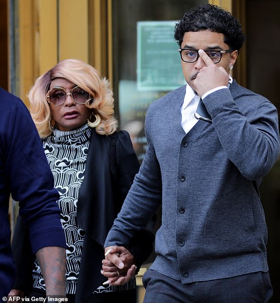 Janice Combs (C), mother of Sean "Diddy" Combs, and Justin Combs, son of Sean "Diddy" Combs," depart federal court in Manhattan during a break in Sean "Diddy" Combs's sex trafficking trial on June 4, 2025, in New York City. One of Combs's accusers is expected to take the stand on Wednesday and begin testifying against the one-time music mogul. (Photo by Leonardo Munoz / AFP) (Photo by LEONARDO MUNOZ/AFP via Getty Images)