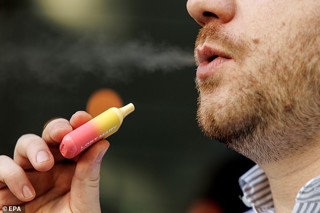 It is now illegal for businesses to sell or supply single-use vapes, such as Elf bars and Lost Mary, both in shops and online (file photo)