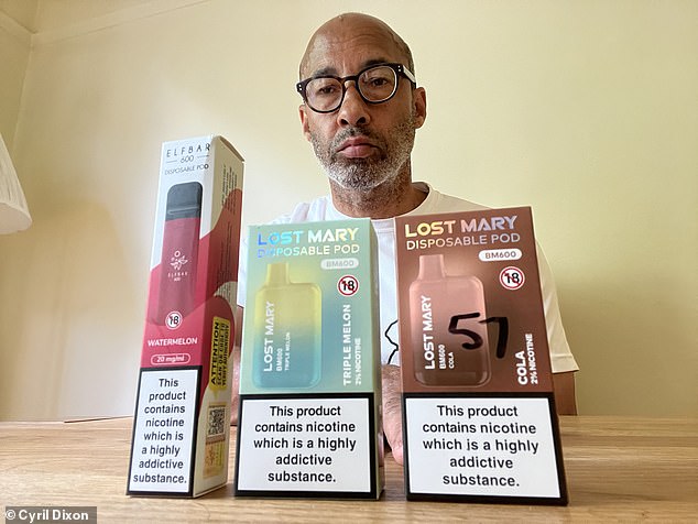 MailOnline found that one vape dealer in four was willing to sell the banned disposables to reporter Cyril Dixon (pictured) who was posing as a customer