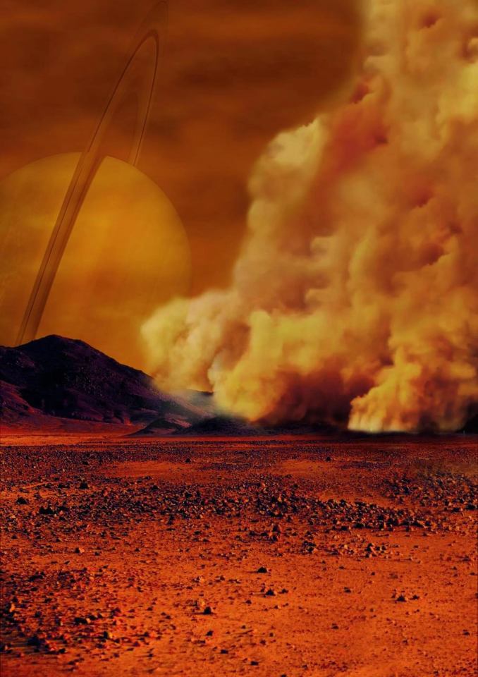 Illustration of Titan, Saturn's largest moon, with a dust storm and a planet in the background.