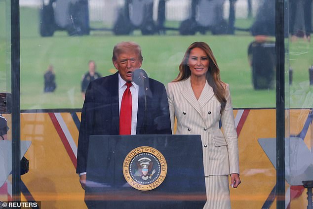 President Donald Trump (left) and first lady Melania Trump (right) arrive for Saturday's 250th anniversary parade for the U.S. Army, which coincides with the president's 79th birthday