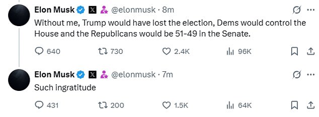Elon Musk objected to President Donald Trump's claim that Trump would have won Pennsylvania - and the 2024 election - without the help from the world's richest man. 'Such ingratitude,' Musk commented