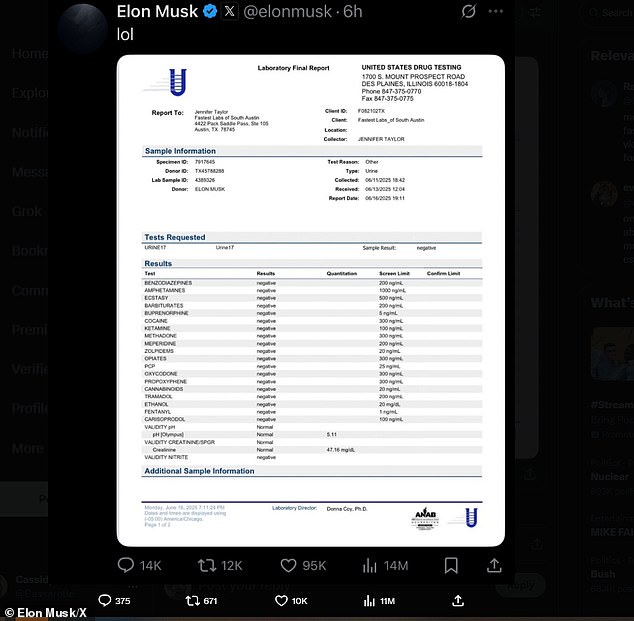 In a photo of the urinalysis, the results showed he tested negative for illegal drugs like cocaine, fentanyl and marijuana, as well as prescription drugs that are sometimes abused like opiates, benzodiazepines and barbiturates